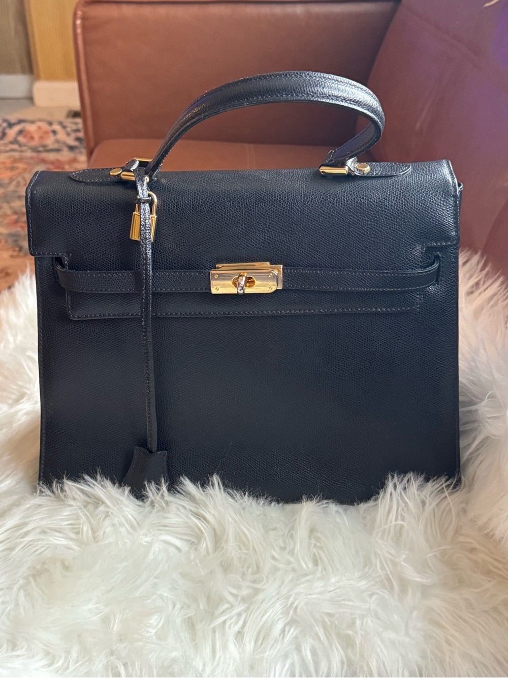 Kelly Style Classic Black Top-Handle Satchel with Gold Plated Hardware